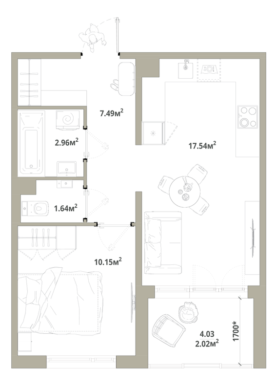 2-комнатная (Евро) квартира, 41.8 м² в ЖК "Тишин" - планировка, фото №1