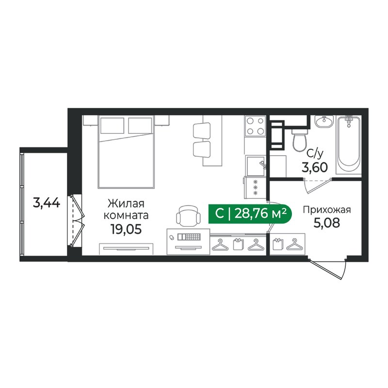 Квартира-студия, 28.76 м² в ЖК "Сертолово Парк" - планировка, фото №1