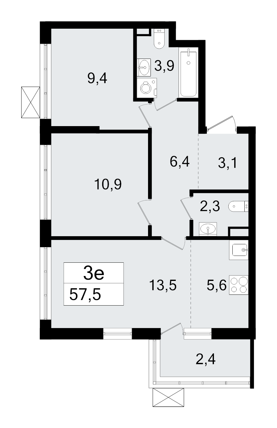 3-комнатная (Евро) квартира, 57.5 м² - планировка, фото №1