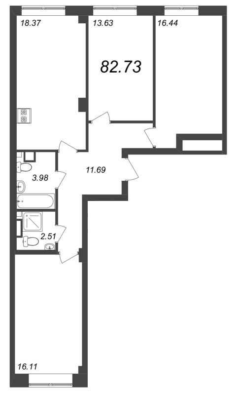 4-комнатная (Евро) квартира, 82.73 м² - планировка, фото №1