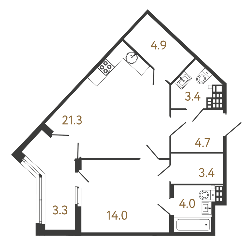 2-комнатная (Евро) квартира, 55.7 м² - планировка, фото №1