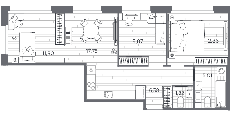 4-комнатная (Евро) квартира, 65.49 м² в ЖК "PLUS Пулковский" - планировка, фото №1