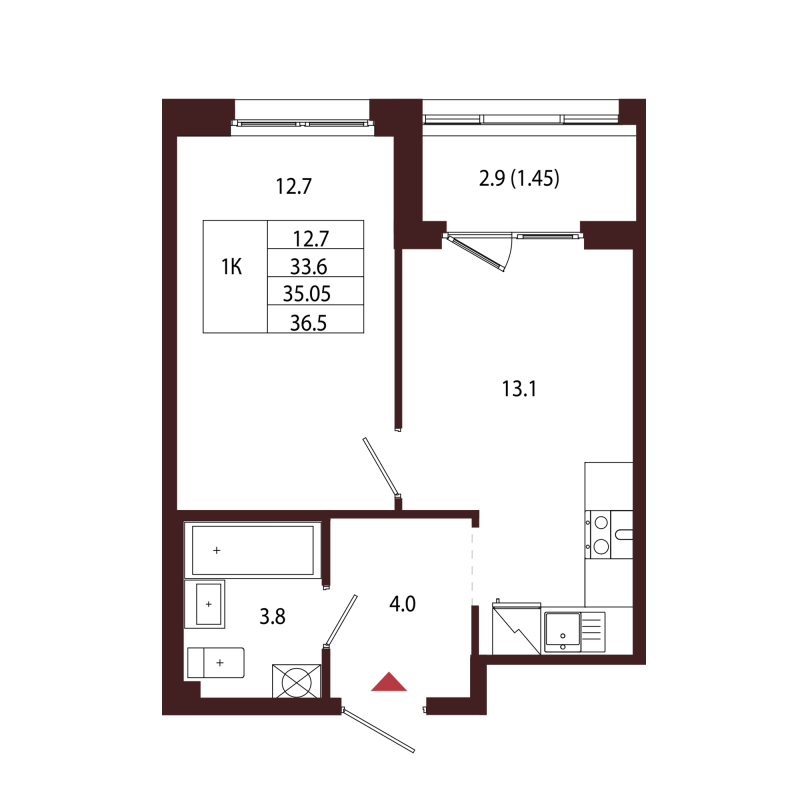 1-комнатная квартира, 35.05 м² в ЖК "Лисино" - планировка, фото №1