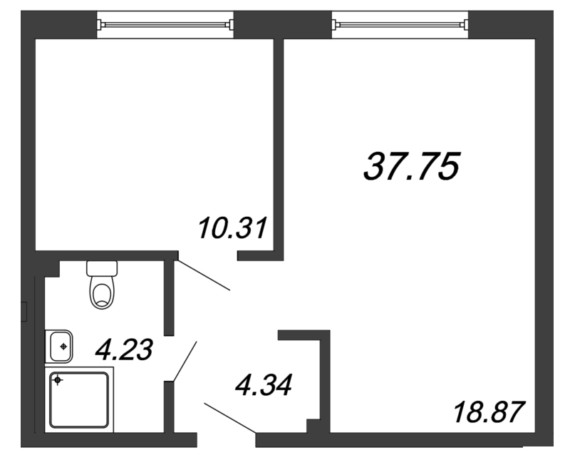 2-комнатная (Евро) квартира, 37.75 м² - планировка, фото №1