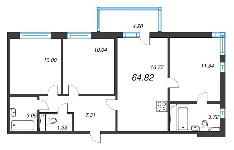 4-комнатная (Евро) квартира, 64.82 м² - планировка, фото №1