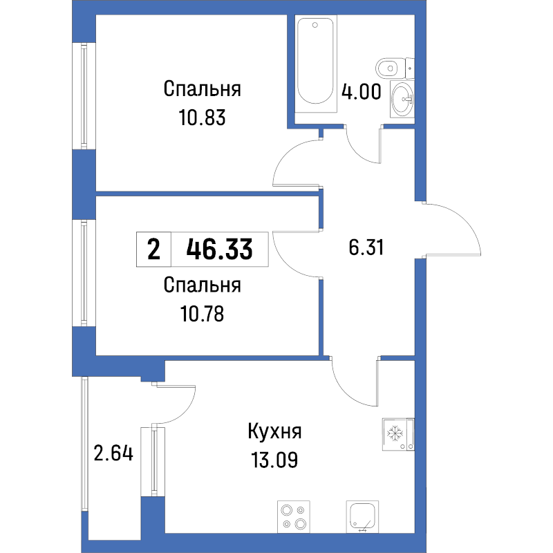 2-комнатная квартира, 46.33 м² в ЖК "Урбанист" - планировка, фото №1