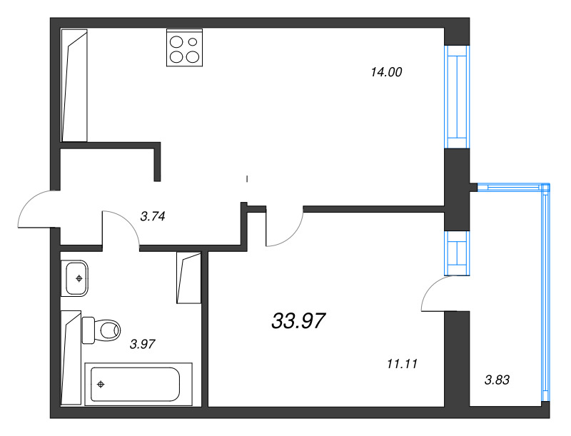 1-комнатная квартира, 33.97 м² в ЖК "OKLA" - планировка, фото №1