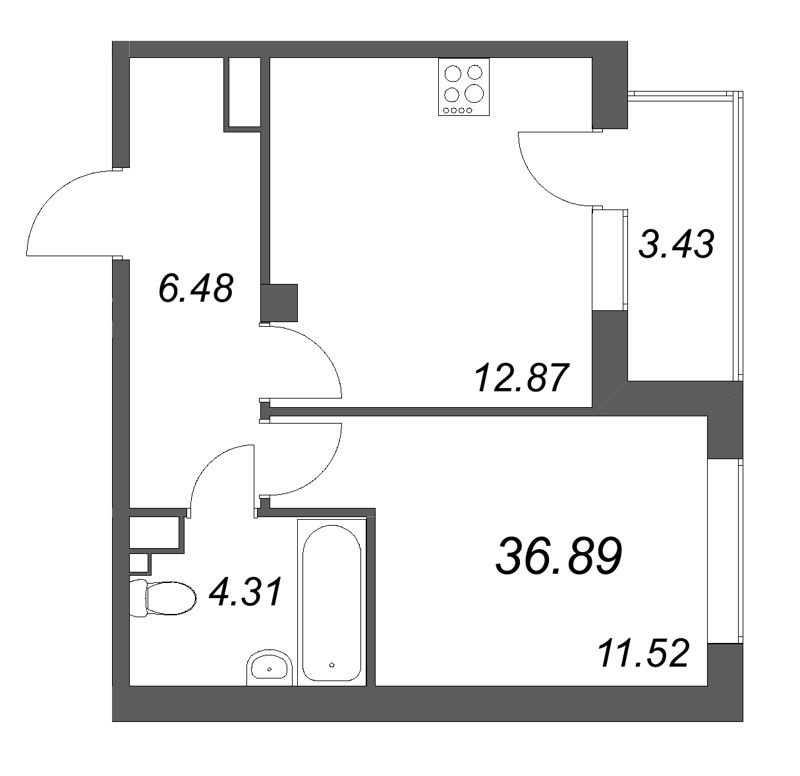 1-комнатная квартира, 36.89 м² в ЖК "Охтинские высоты" - планировка, фото №1