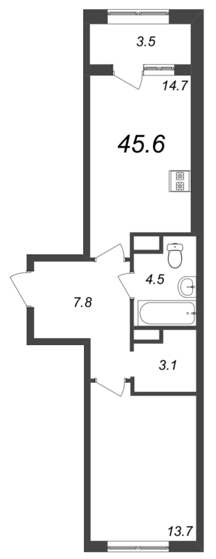 1-комнатная квартира, 45.3 м² - планировка, фото №1