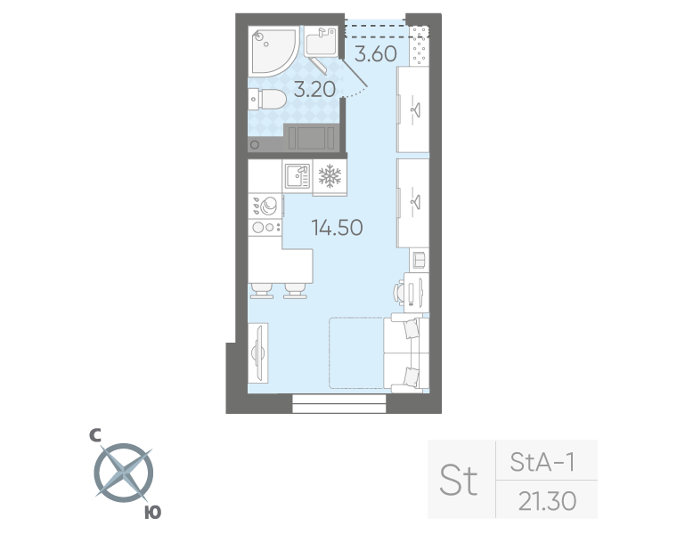 Квартира-студия, 21.3 м² в ЖК "Ручьи" - планировка, фото №1