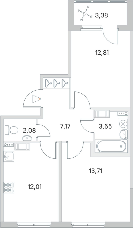2-комнатная квартира, 51.44 м² - планировка, фото №1