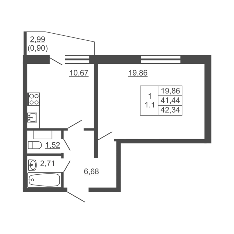 1-комнатная квартира, 42.34 м² в ЖК "Тандем" - планировка, фото №1