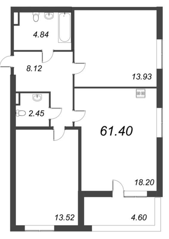 3-комнатная (Евро) квартира, 61.4 м² в ЖК "Б15" - планировка, фото №1