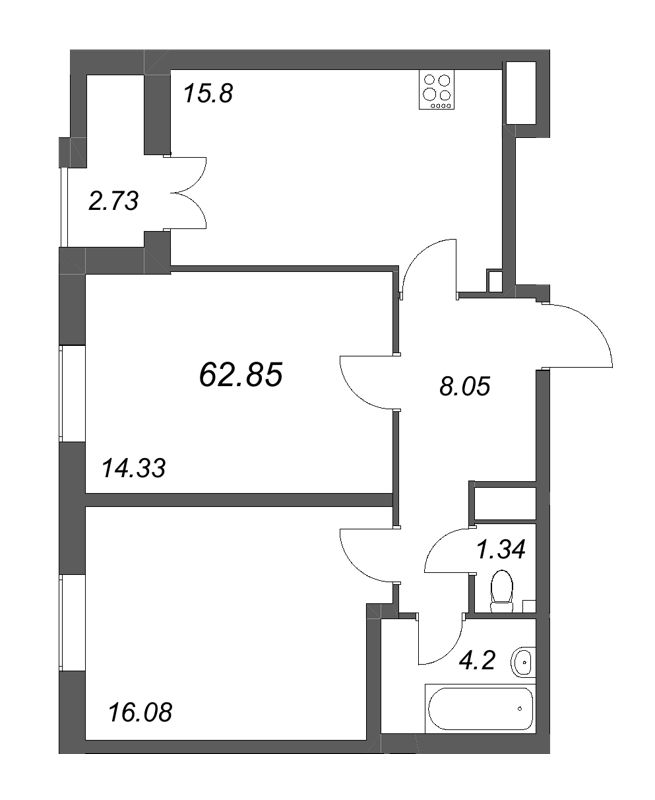 3-комнатная (Евро) квартира, 62.85 м² - планировка, фото №1