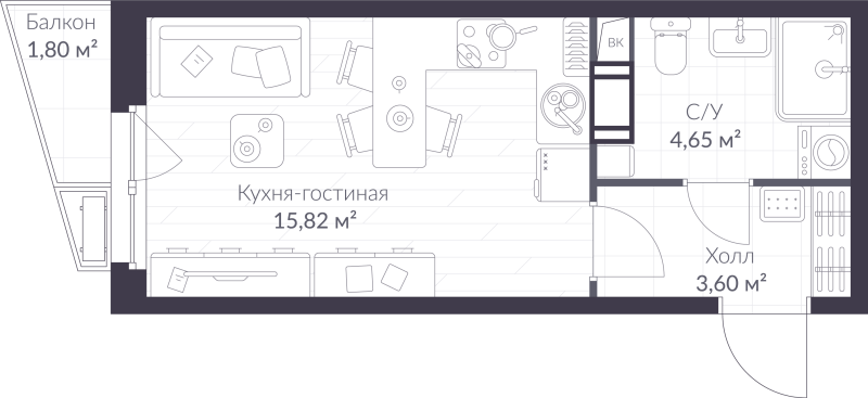 Квартира-студия, 24.61 м² в ЖК "ВЕРЕН НОРТ сертолово" - планировка, фото №1