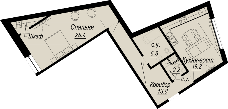 2-комнатная (Евро) квартира, 68.4 м² - планировка, фото №1