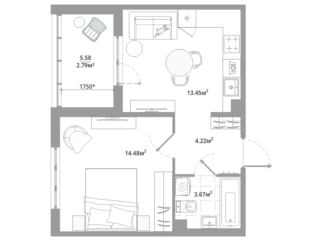 1-комнатная квартира, 38.61 м² в ЖК "ЛесArt" - планировка, фото №1