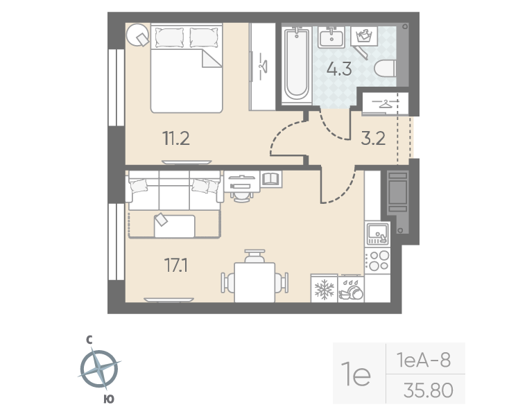 2-комнатная (Евро) квартира, 35.8 м² в ЖК "Большая Охта" - планировка, фото №1