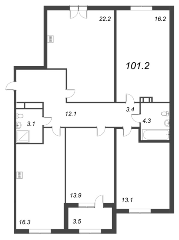5-комнатная (Евро) квартира, 101.2 м² - планировка, фото №1