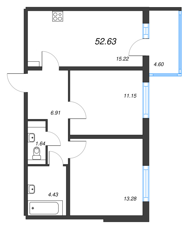 3-комнатная (Евро) квартира, 52.63 м² в ЖК "Любоград" - планировка, фото №1