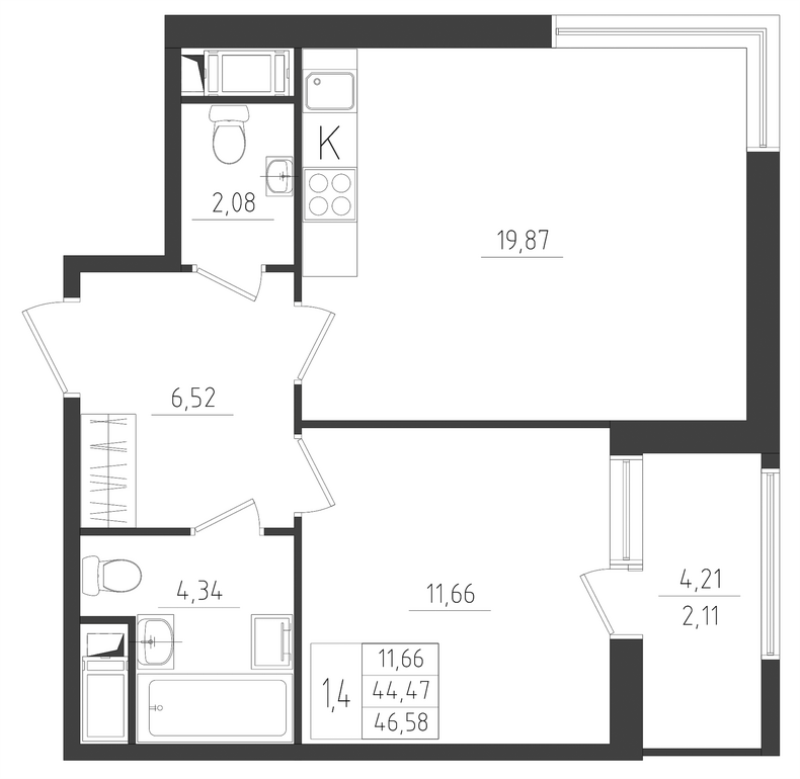 2-комнатная (Евро) квартира, 46.58 м² - планировка, фото №1
