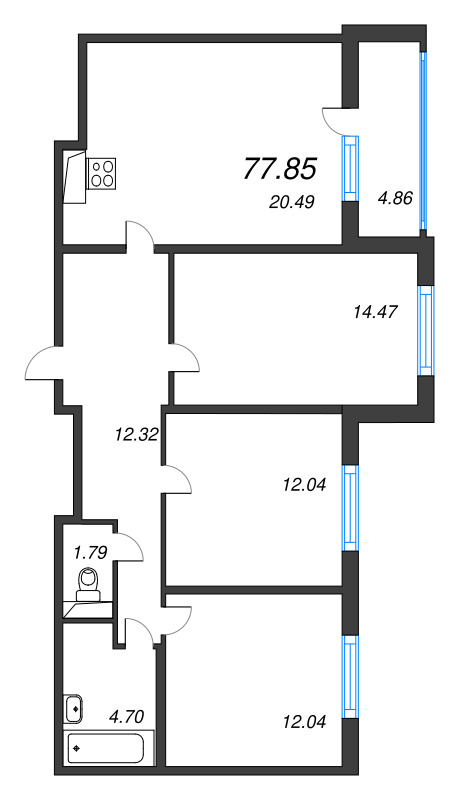 4-комнатная (Евро) квартира, 77.85 м² в ЖК "ЮгТаун" - планировка, фото №1