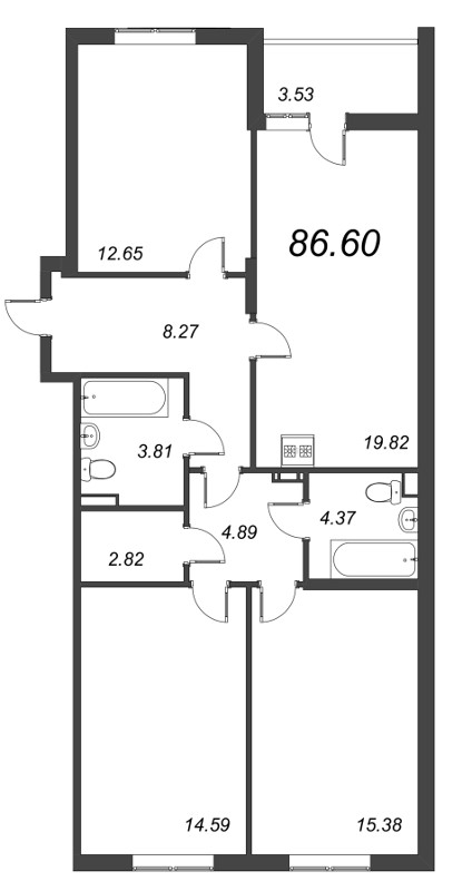 4-комнатная (Евро) квартира, 86.6 м² в ЖК "Чёрная речка от Ильича" - планировка, фото №1