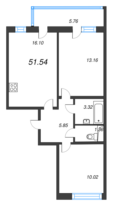 3-комнатная (Евро) квартира, 51.54 м² в ЖК "Аэросити" - планировка, фото №1