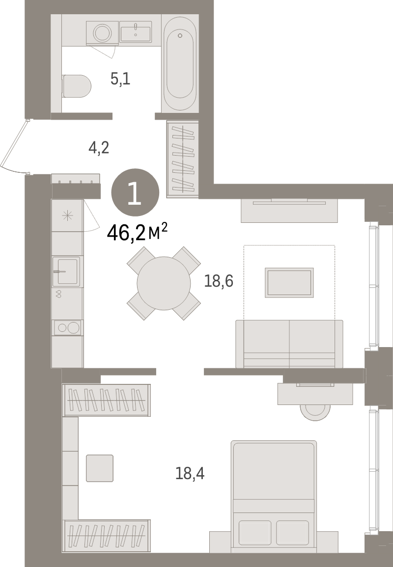 2-комнатная (Евро) квартира, 46.2 м² в ЖК "Брусника в Новоселье" - планировка, фото №1