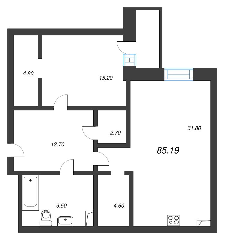 2-комнатная (Евро) квартира, 85.2 м² - планировка, фото №1