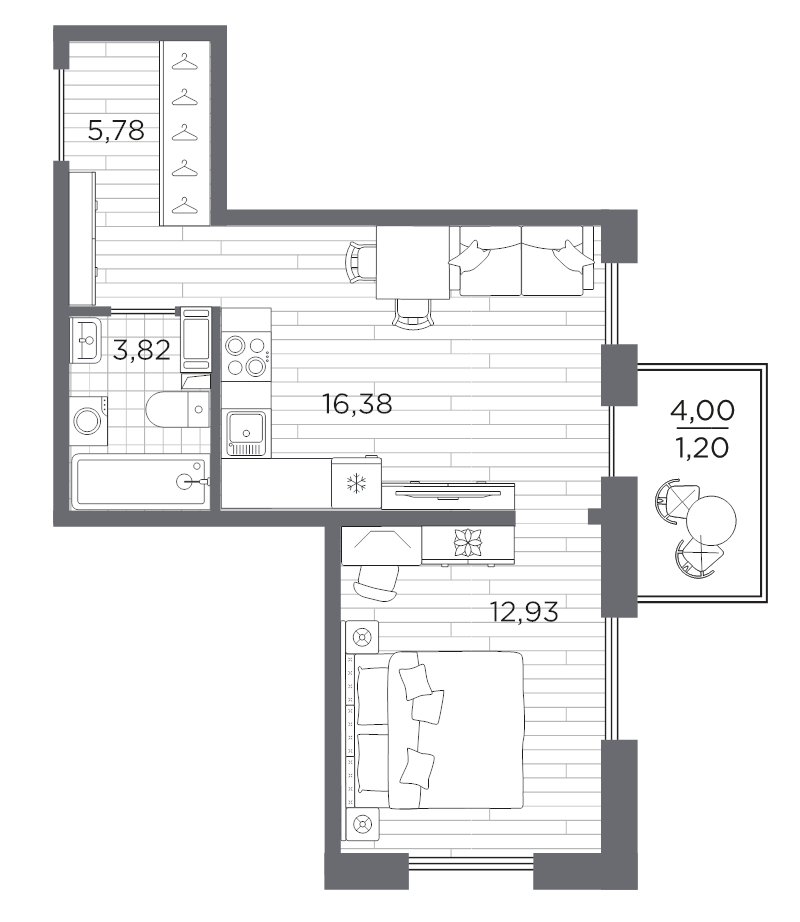 2-комнатная (Евро) квартира, 40.11 м² в ЖК "Сезоны" - планировка, фото №1