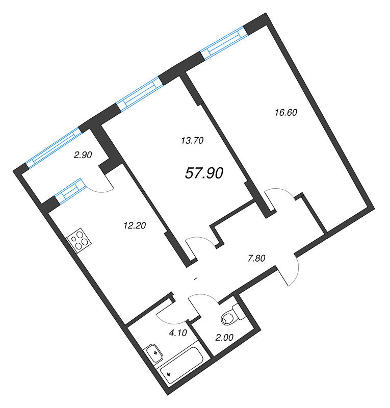 2-комнатная квартира, 57.9 м² в ЖК "Ягодное Река Парк" - планировка, фото №1