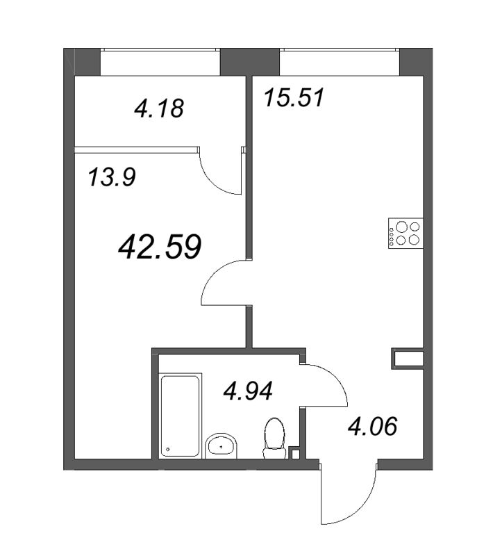 2-комнатная (Евро) квартира, 42.59 м² - планировка, фото №1