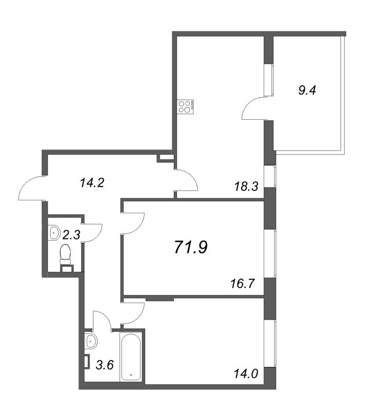 3-комнатная (Евро) квартира, 71.9 м² - планировка, фото №1