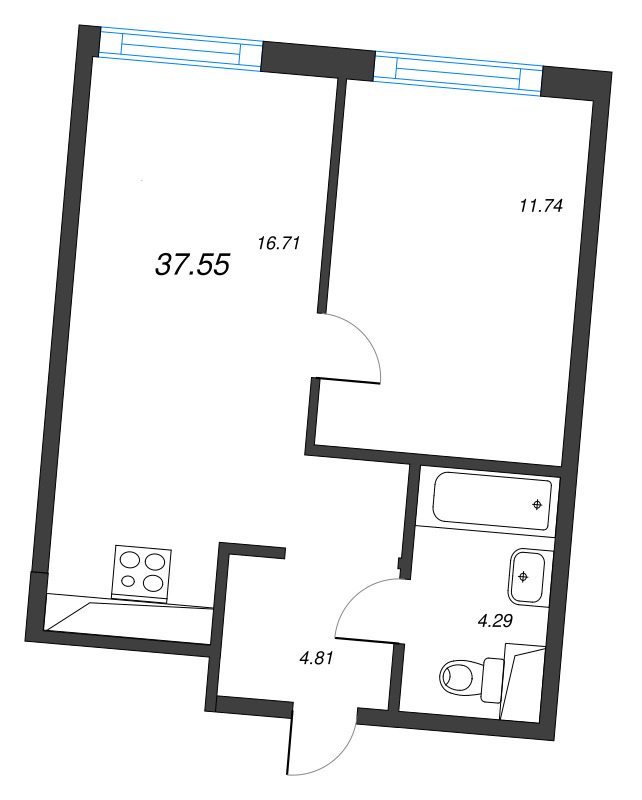 2-комнатная (Евро) квартира, 37.55 м² в ЖК "Legenda Васильевского" - планировка, фото №1