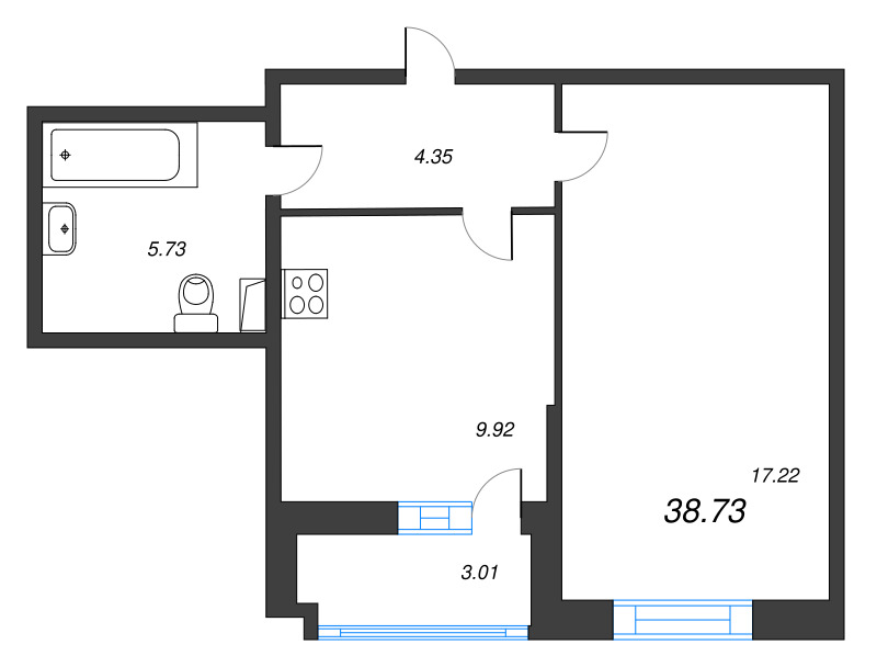 1-комнатная квартира, 38.73 м² - планировка, фото №1