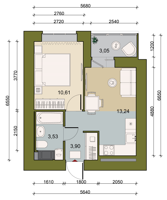 1-комнатная квартира, 32.08 м² - планировка, фото №1