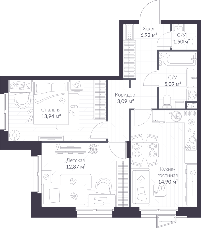 2-комнатная квартира, 58.31 м² в ЖК "VEREN NORT сертолово" - планировка, фото №1