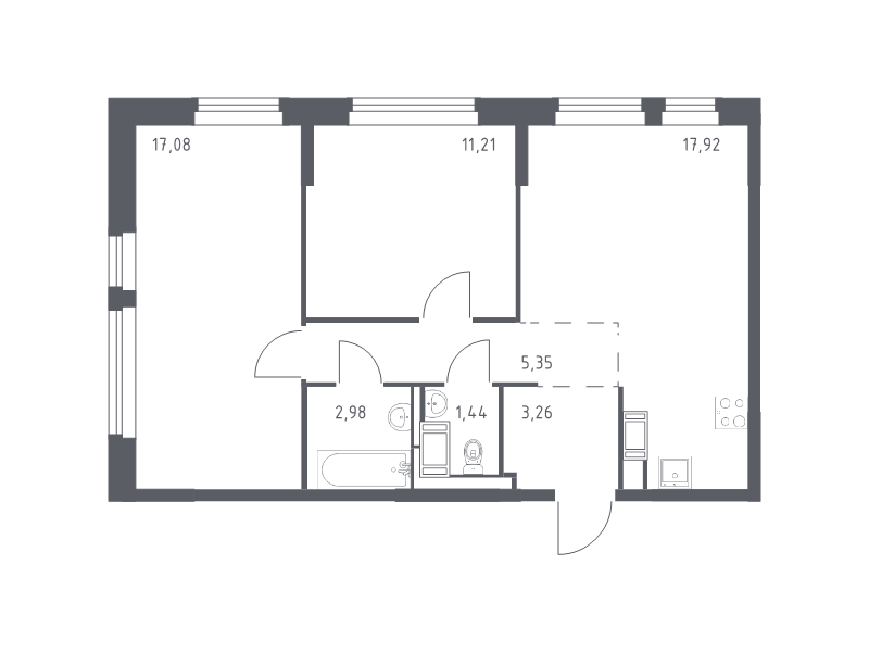 3-комнатная (Евро) квартира, 59.24 м² - планировка, фото №1