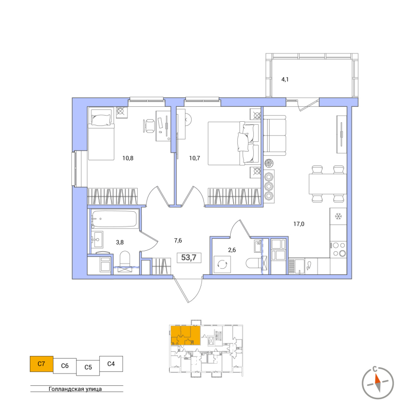 3-комнатная (Евро) квартира, 53.7 м² - планировка, фото №1