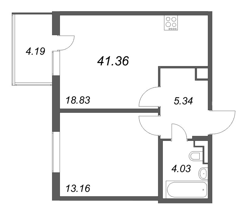2-комнатная (Евро) квартира, 41.36 м² в ЖК "ЮгТаун" - планировка, фото №1