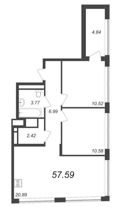 3-комнатная (Евро) квартира, 57.59 м² - планировка, фото №1