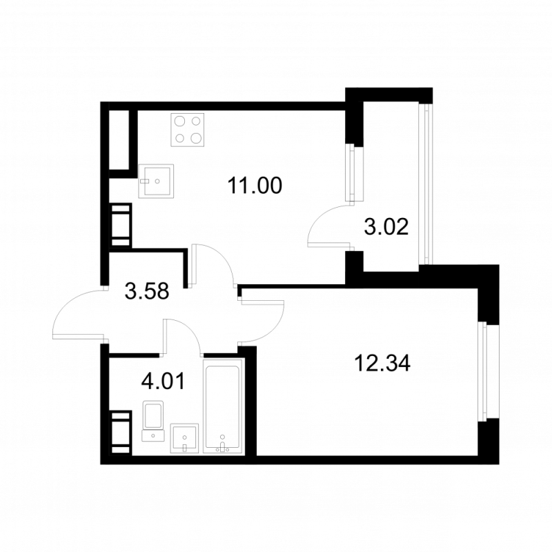 1-комнатная квартира, 32.44 м² - планировка, фото №1