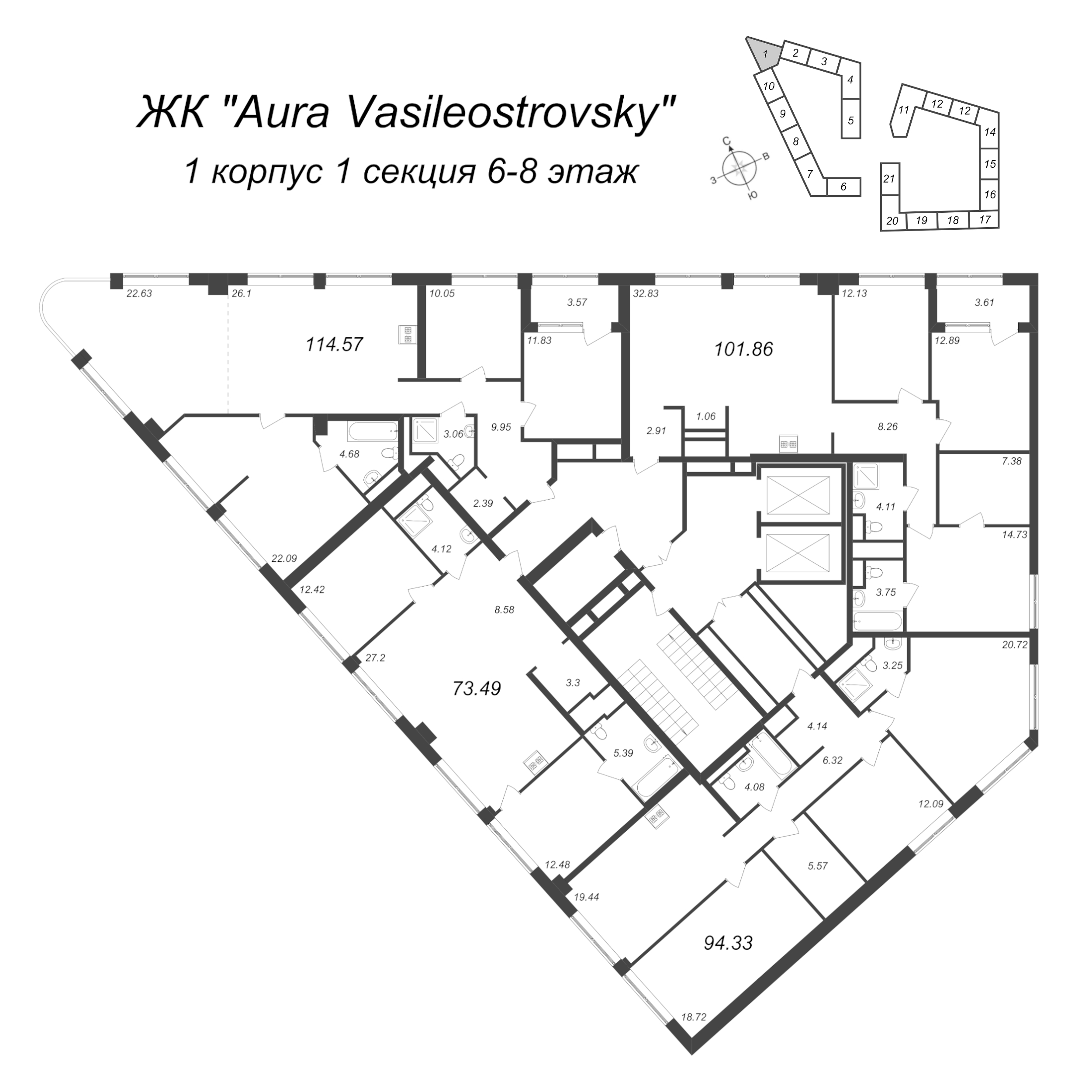 4-комнатная (Евро) квартира, 94.33 м² в ЖК "GloraX Premium Василеостровский" - планировка этажа