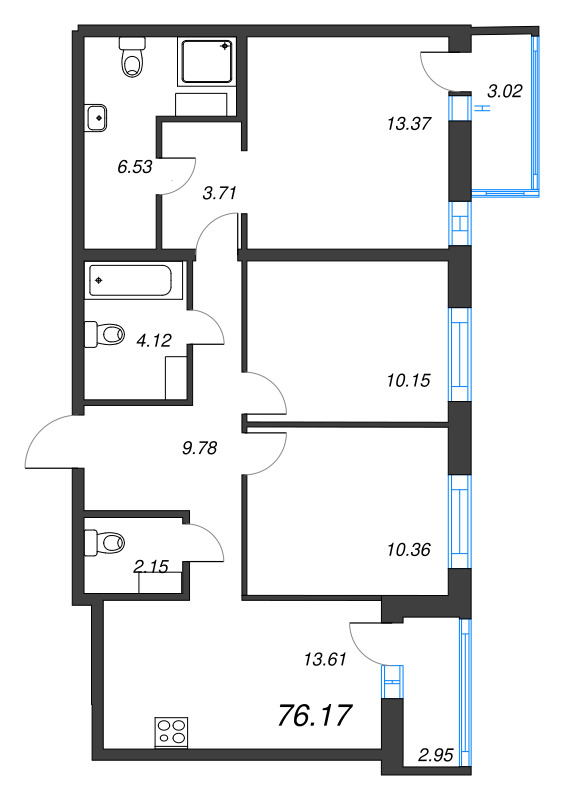 3-комнатная квартира, 76.17 м² - планировка, фото №1