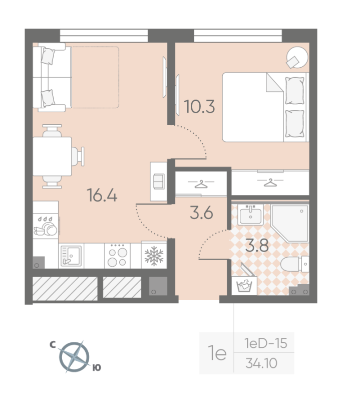 2-комнатная (Евро) квартира, 34.1 м² в ЖК "Пулково Lake" - планировка, фото №1
