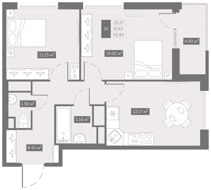 2-комнатная квартира, 53.83 м² - планировка, фото №1