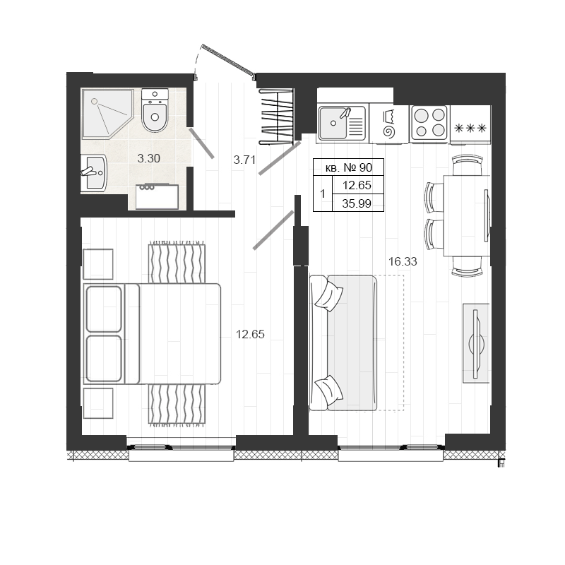 2-комнатная (Евро) квартира, 35.9 м² в ЖК "Верево Сити" - планировка, фото №1