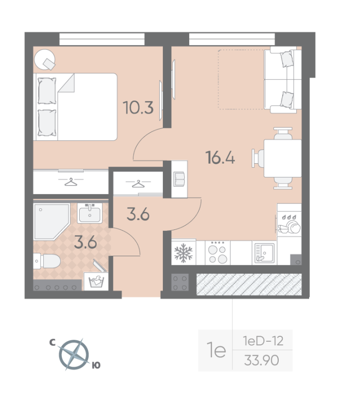 2-комнатная (Евро) квартира, 33.9 м² - планировка, фото №1