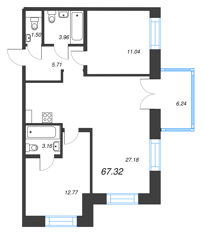 3-комнатная (Евро) квартира, 67.32 м² в ЖК "Alpen" - планировка, фото №1